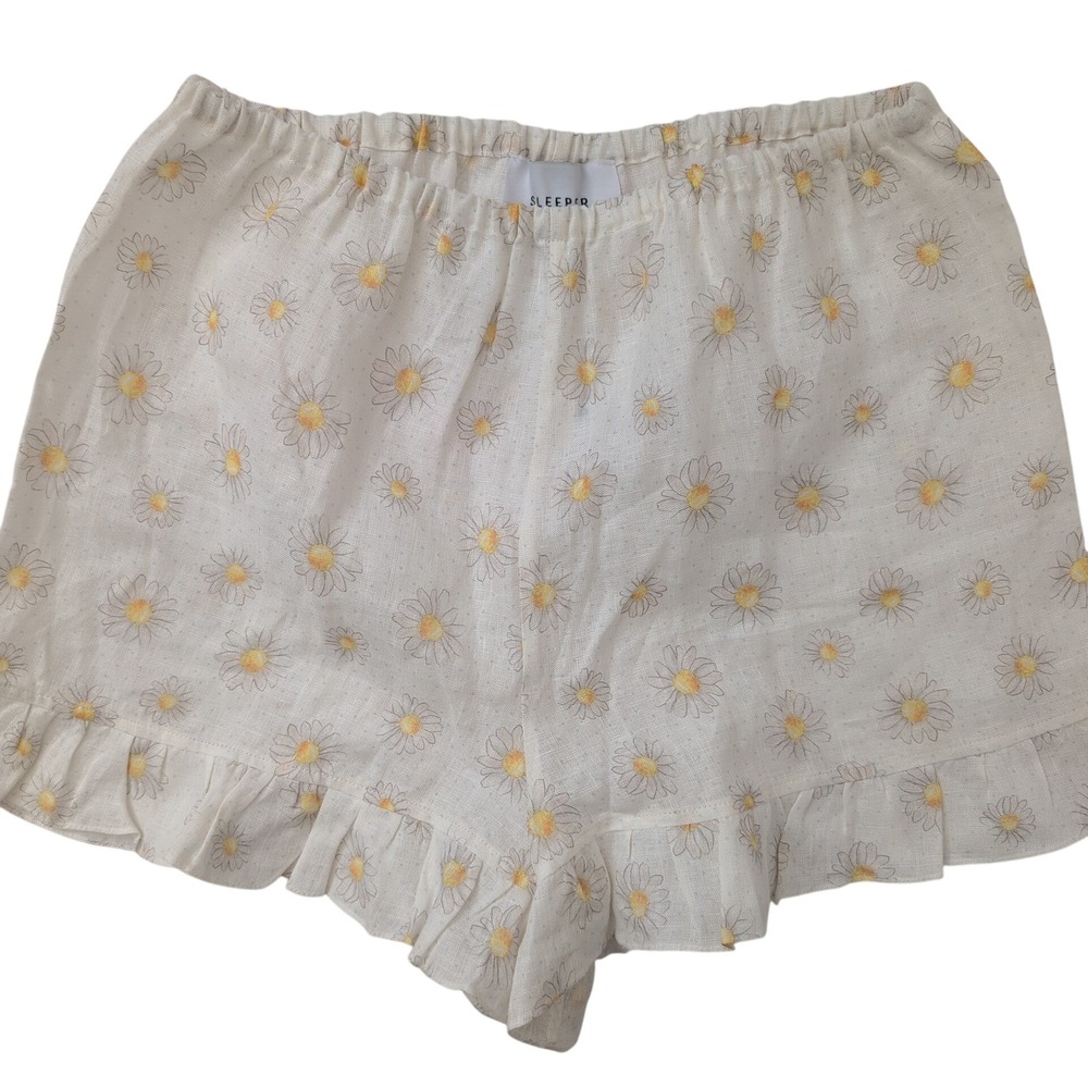NWOT SLEEPER Daisy Print Linen Pajama Shorts Ruffle Trim Elastic Waist Women's M